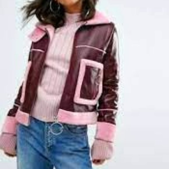 💥RETRO CHIC💥Gorgeous Fur Trim Aviator Jacket in Burdundy & Pink
